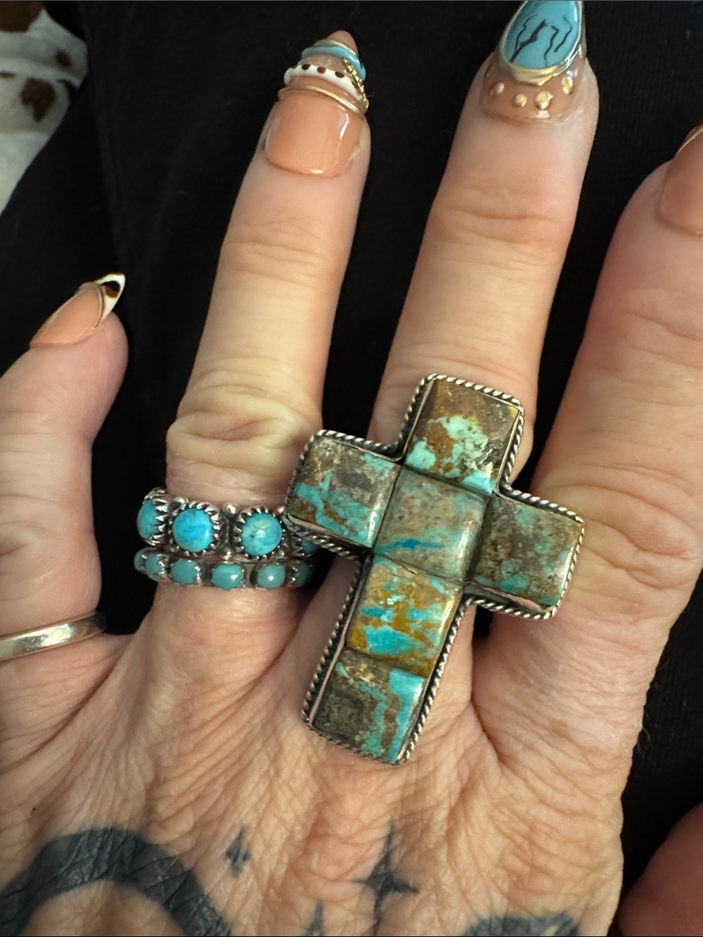 Mine #8 Turquoise Cross Statement Ring 925 silver Women Jewelry